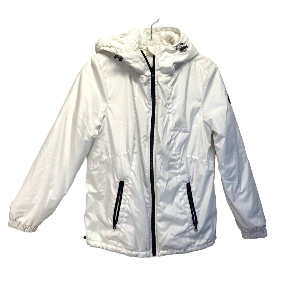 Michael Kors Sherpa Lined Full Zip Hooded Jacket Women's XS White MK FLAW